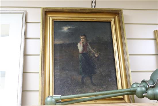 19th century English school, oil on canvas, girl in a stormy landscape, 44 x 34cm